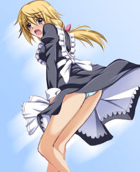 Rule 34 | 1girl, apron, back bow, black dress, blonde hair, blue background, blue eyes, blue panties, bow, charlotte dunois, dress, embarrassed, floating hair, from side, graphite (medium), hair between eyes, infinite stratos, kagura yuuto, long hair, long sleeves, looking at viewer, medium dress, open mouth, panties, pantyshot, ponytail, sketch, solo, standing, traditional media, underwear, waist apron, white apron, white bow