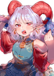 Rule 34 | 1girl, absurdres, blue bow, bow, capelet, curly hair, dress, ear bow, earrings, gold trim, green dress, grey hair, hands up, highres, holding, holding weapon, horns, jewelry, light particles, looking at viewer, masanaga (tsukasa), open mouth, red capelet, red eyes, red horns, red nails, sharp teeth, sheep horns, short hair, sleeveless, sleeveless dress, solo, standing, teeth, tongue, touhou, toutetsu yuuma, upper body, weapon, white background