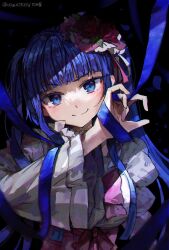 Rule 34 | 1girl, arm ribbon, black background, blue eyes, blue hair, blue ribbon, blunt bangs, bow, choker, colored eyelashes, commentary request, dress bow, flower, frilled choker, frills, furudo erika, ghkdakrh1129, hair flower, hair ornament, hair ribbon, hand up, korean commentary, korean text, light blush, long hair, looking at viewer, pink bow, pink ribbon, puffy sleeves, red flower, red rose, ribbon, rose, shirt, sidelighting, smile, solo, two side up, umineko no naku koro ni, upper body, white ribbon, white shirt, wide sleeves, wrist ribbon