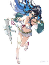 1girl bare_shoulders belly_chain bikini black_hair blue_hair breasts carimarica choker cleavage colored_inner_hair eyeliner fate/grand_order fate_(series) full_body green_jacket grey_eyes high_ponytail highres jacket jewelry long_hair long_sleeves looking_at_viewer makeup medium_breasts multicolored_hair navel off_shoulder round_eyewear sandals sidelocks solo sunglasses swimsuit tenochtitlan_(fate) tenochtitlan_(swimsuit_mooncancer)_(fate) tenochtitlan_(swimsuit_mooncancer)_(first_ascension)_(fate) thighlet water_gun white_bikini