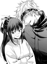 Rule 34 | 1boy, 1girl, blindfold, blindfold lift, bow, closed mouth, crossed arms, gojou satoru, greyscale, hair between eyes, hair bow, high collar, highres, iori utahime, jacket, japanese clothes, jujutsu kaisen, kimono, long hair, long sleeves, looking at viewer, looking away, maplum, monochrome, open mouth, scar, scar on face, short hair, sidelocks, simple background, smile, sweatdrop, twitter username, upper body