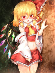 Rule 34 | 1girl, bare shoulders, blonde hair, blush, bow, breasts, bush, collar, cosplay, crystal, detached sleeves, eyes visible through hair, flandre scarlet, hair between eyes, hair bow, hair tubes, hakurei reimu, hakurei reimu (cosplay), hand up, highres, japanese clothes, light, long sleeves, looking at viewer, marukyuu ameya, miko, miniskirt, multicolored wings, nail polish, open mouth, ponytail, red bow, red eyes, red nails, red skirt, red vest, shadow, short hair, skirt, small breasts, solo, standing, stomach, touhou, vest, wall, white collar, white sleeves, wings, yellow neckwear