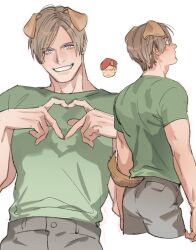 Rule 34 | 1boy, animal ears, blue eyes, blush, brown hair, curtained hair, dog boy, dog ears, dog tail, green shirt, grey pants, heart, heart hands, jack krauser, leon s. kennedy, male focus, pants, resident evil, resident evil 4, resident evil 4 (remake), shirt, short hair, simple background, smile, tail, tatsumi (psmhbpiuczn), teeth, white background