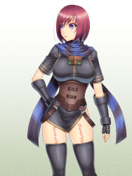 Rule 34 | 1girl, abu, black dress, black gloves, black thighhighs, cowboy shot, dress, expressionless, fingerless gloves, gloves, gradient background, green background, hand on own hip, looking to the side, nel zelpher, purple eyes, red hair, scarf, short hair, solo, star ocean, star ocean till the end of time, striped clothes, striped scarf, tattoo, thighhighs, white background