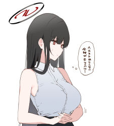 Rule 34 | 1girl, arito arayuru, black hair, black skirt, blue archive, breasts, closed mouth, collared shirt, halo, highres, large breasts, long hair, motion lines, red eyes, rio (blue archive), shirt, simple background, skirt, sleeveless, sleeveless shirt, solo, thought bubble, translation request, upper body, white background, white shirt