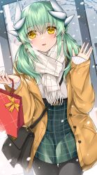 Rule 34 | 1girl, bag, belt, black belt, black pantyhose, blush, brown coat, coat, dragon girl, dragon horns, fate/grand order, fate (series), green hair, green skirt, hands up, highres, holding, holding bag, horns, kiyohime (fate), long sleeves, looking at viewer, morizono shiki, outdoors, pantyhose, parted lips, scarf, skirt, smile, snow, solo, white scarf, yellow eyes