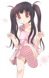 Rule 34 | 1girl, alternate hairstyle, black hair, casual, from below, heart, heart-shaped pupils, highres, houraisan kaguya, long hair, mickeysmith, red eyes, sandals, soles, solo, symbol-shaped pupils, touhou, twintails, aged down