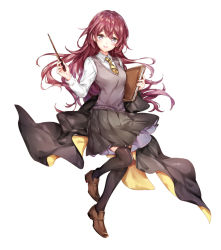 Rule 34 | 1girl, black eyes, black skirt, black thighhighs, blush, book, breasts, cloak, full body, holding, holding book, loafers, long hair, long sleeves, looking at viewer, necktie, original, over-kneehighs, parted lips, red hair, school uniform, shoes, skirt, small breasts, smile, solo, striped necktie, striped neckwear, sweater vest, thighhighs, wand, yuli (yulipo)