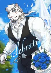 Rule 34 | 1boy, alternate hairstyle, animal ears, arknights, bara, birthday, black tank top, blue flower, bouquet, collared shirt, facial hair, feet out of frame, flower, furry, furry male, goatee, highres, holding, holding bouquet, large pectorals, long hair, looking at viewer, male focus, mountain (arknights), muscular, muscular male, official alternate costume, pectorals, ponytail, scar, scar across eye, shibataakiraa, shirt, smile, solo, tank top, thick eyebrows, tiger boy, tiger ears, vest, white fur, white hair