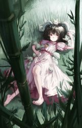 Rule 34 | 1girl, absurdres, animal ears, bamboo, barefoot, black hair, carrot, carrot necklace, dress, forest, frilled dress, frilled sleeves, frills, grass, highres, inaba tewi, looking at viewer, nature, necklace, nepperoni, pink dress, puffy short sleeves, puffy sleeves, rabbit, rabbit ears, rabbit tail, red eyes, ribbon-trimmed dress, short hair, short sleeves, skirt, smile, solo, tail, touhou, wavy hair