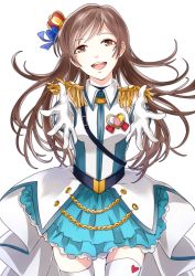 Rule 34 | 10s, 1girl, blush, brown eyes, brown hair, crown, crystal night party, epaulettes, gloves, idolmaster, idolmaster cinderella girls, long hair, looking at viewer, nitta minami, open mouth, outstretched arms, smile, solo, thighhighs, yoma