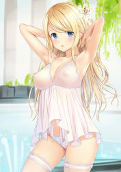 Rule 34 | 1girl, armpits, arms up, babydoll, blonde hair, blue eyes, blurry, blush, breasts, contrapposto, cowboy shot, depth of field, female focus, flower, hair flower, hair ornament, highres, lingerie, long hair, looking at viewer, medium breasts, n.g., nipples, original, panties, parted lips, see-through, sidelocks, solo, standing, swept bangs, thigh strap, thighhighs, underwear, underwear only, white panties