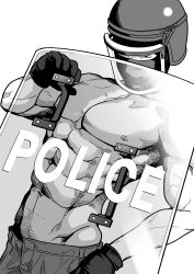 Rule 34 | 1boy, abs, absurdres, black gloves, covered mouth, dutch angle, gloves, grey pants, greyscale, hand up, helmet, highres, kamenreon1213, looking at viewer, male focus, monochrome, nipples, original, pants, pectorals, police, shield, solo, toned, toned male, topless male, upper body