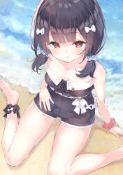 Rule 34 | 1girl, absurdres, ankle scrunchie, arm support, bare arms, bare legs, bare shoulders, barefoot, beach, beads, bikini, black bikini, black hair, blush, bow, breasts, commentary, day, facing up, foot out of frame, from above, granblue fantasy, hair beads, hair bobbles, hair ornament, highres, legs, looking at viewer, looking up, low twintails, ocean, open mouth, outdoors, red eyes, sand, scrunchie, shore, short hair, short twintails, sitting, small breasts, solo, swimsuit, toes, twintails, ukiwakisen, vikala (granblue fantasy), wariza, water, wrist scrunchie