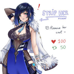 Rule 34 | !, 1girl, arm up, asymmetrical gloves, bare shoulders, blue dress, blue hair, blunt bangs, bob cut, breasts, cleavage, commentary, cowboy shot, dress, earrings, english commentary, fingerless gloves, fur-trimmed jacket, fur trim, genshin impact, gloves, green eyes, jacket, jacket on shoulders, jewelry, large breasts, looking at viewer, mismatched gloves, nail polish, parted lips, purple lips, purple nails, ryuuneart, short hair, simple background, sleeveless, sleeveless dress, solo, standing, white background, white gloves, white jacket, yelan (genshin impact)
