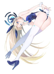 Rule 34 | 1girl, animal ears, artist name, bare shoulders, blonde hair, blue archive, blue bow, blue eyes, blue footwear, blue hairband, blue leotard, bow, bowtie, breasts, closed mouth, detached collar, earpiece, expressionless, fake animal ears, full body, hairband, halo, high heels, highres, konatsu hare, leotard, long hair, medium breasts, microphone, official alternate costume, playboy bunny, rabbit ears, shoes, simple background, solo, standing, thighhighs, toki (blue archive), toki (bunny) (blue archive), twitter username, very long hair, white background, white thighhighs, wrist cuffs