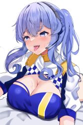 Rule 34 | 1girl, blue eyes, blue hair, blue shirt, blush, breasts, calin, cleavage, cleavage cutout, clothing cutout, gotland (kancolle), headset, highres, kantai collection, large breasts, long hair, mole, mole under eye, ponytail, race queen, saliva, saliva trail, shirt, short sleeves, sidelocks, simple background, tears, tongue, tongue out, white background, white shirt