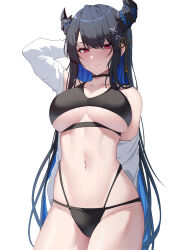 Rule 34 | 1girl, arm up, asymmetrical horns, bikini, black bikini, black choker, black hair, blue hair, blush, breasts, choker, colored inner hair, cowboy shot, demon horns, groin, hair ornament, highres, hololive, hololive english, horns, large breasts, lessone, long hair, looking at viewer, mole, mole under eye, multicolored hair, navel, nerissa ravencroft, off shoulder, red eyes, simple background, solo, stomach, swimsuit, tassel, tassel hair ornament, two-tone hair, very long hair, virtual youtuber, white background