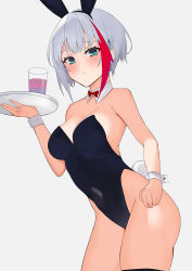 Rule 34 | 1girl, absurdres, admiral graf spee (azur lane), animal ears, azur lane, bare arms, bare shoulders, black leotard, blue eyes, bow, bowtie, breasts, rabbit ears, rabbit tail, closed mouth, contrapposto, covered navel, cowboy shot, cup, detached collar, drinking glass, fake animal ears, hairband, highres, holding, leaning forward, leotard, looking at viewer, medium breasts, multicolored hair, no bra, playboy bunny, short hair, silver hair, simple background, solo, standing, strapless, strapless leotard, streaked hair, tail, thighs, tray, white background, wrist cuffs, xochi (nueeen6978)