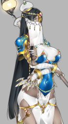 Rule 34 | aqua eyes, black hair, breasts, caster of the nocturnal castle, covered erect nipples, dark-skinned female, dark skin, fate/grand order, fate (series), grey background, large breasts, long hair, looking at viewer, mask, scheherazade (fate), sideboob, simple background, sino42, skindentation, solo, thighs, very long hair
