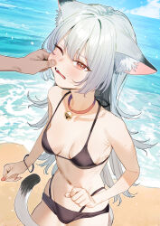 Rule 34 | 1girl, 1other, animal ear fluff, animal ears, bare shoulders, beach, bell, bikini, black bikini, blue sky, blush, breasts, breasts apart, cat ears, cat tail, cheek pinching, cheek pull, clenched hand, cloud, collar, commentary request, commission, cowboy shot, day, fang, fingernails, grey hair, highres, horizon, jingle bell, long fingernails, long hair, looking afar, looking ahead, medium breasts, multi-strapped bikini bottom, navel, neck bell, ocean, one eye closed, original, outdoors, parted lips, pinching, red collar, red eyes, red nails, sand, skeb commission, sky, solo focus, subachi, sweatdrop, swimsuit, tail, v-shaped eyebrows, water, wristband