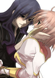 Rule 34 | 00s, 1boy, 1girl, black eyes, black hair, estellise sidos heurassein, eye contact, gloves, green eyes, hand on another&#039;s cheek, hand on another&#039;s face, long hair, looking at another, pink hair, short hair, tales of (series), tales of vesperia, yuki (hekika), yuri lowell