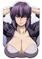Rule 34 | 1girl, arms up, blush, breast mousepad, breasts, butcha-u, cleavage, collarbone, female focus, ghost in the shell, hands on own head, kusanagi motoko, large breasts, looking at viewer, mousepad, mousepad (medium), purple hair, red eyes, smile, solo