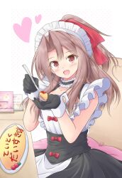 Rule 34 | 1girl, alternate costume, black gloves, black shirt, brown eyes, brown hair, choker, commentary request, enmaided, feeding, food, frilled choker, frilled shirt, frills, gloves, hair intakes, hair ribbon, high ponytail, highres, kantai collection, long hair, looking at viewer, maid, maid headdress, omelet, omurice, ribbon, shirt, shizuna kaede, solo, spoon, table, white shirt, zuihou (kancolle)