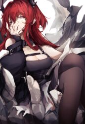 Rule 34 | 1girl, ankoro mochi, arknights, black dress, black jacket, black thighhighs, breasts, cleavage, demon horns, detached collar, dress, hand on own face, highres, horns, jacket, long hair, medium breasts, open clothes, open jacket, purple eyes, red hair, solo, surtr (arknights), thighhighs, white background