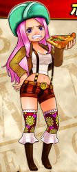 Rule 34 | 1girl, eating, food, hat, jewelry bonney, lipstick, lowres, makeup, navel, official art, one piece, pink hair, pizza, purple eyes, shorts, wide hips, aged down