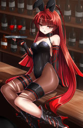 Rule 34 | 1girl, alcohol, animal ears, arm behind back, bar (place), black footwear, black gloves, black leotard, bloody queen (elsword), boots, bottle, brown pantyhose, cup, drinking glass, elbow gloves, elesis (elsword), elsword, fake animal ears, full body, gloves, high heel boots, high heels, highres, leotard, long hair, looking at viewer, pantyhose, playboy bunny, rabbit ears, red eyes, red hair, shoes, sitting, solo, thigh strap, thighlet, torn clothes, torn pantyhose, tray, very long hair, wine, wine bottle, wine glass, zetsuei (zetto)