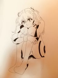 Rule 34 | 1girl, ass, bodysuit, breasts, eywy4324, fetal position, full body, hair between eyes, hair ornament, highres, long hair, looking at viewer, monochrome, neon genesis evangelion, pilot suit, plugsuit, simple background, sitting, skin tight, solo, souryuu asuka langley, traditional media, two side up, very long hair, wide hips
