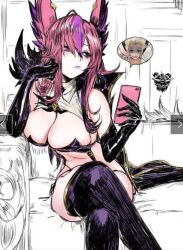 Rule 34 | animal ears, black gloves, breasts, cellphone, gloves, large breasts, league of legends, long hair, midriff, multicolored hair, pd (pdpdlv1), phone, pink hair, pointy ears, thighhighs