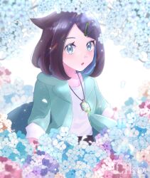 Rule 34 | 1girl, :o, black hair, blue eyes, blue flower, blurry, character name, coat, collarbone, commentary request, creatures (company), eyelashes, flower, game freak, gem, green coat, green gemstone, hair ornament, hairclip, highres, hinaten (sunflower243), jewelry, liko (pokemon), looking at viewer, medium hair, necklace, nintendo, open clothes, open coat, open mouth, pokemon, pokemon (anime), pokemon horizons, shirt, shorts, sleeves past elbows, solo, white shirt