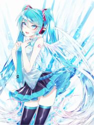 Rule 34 | 1055, 1girl, aqua eyes, aqua hair, aqua nails, aqua necktie, black skirt, black thighhighs, breasts, commentary, cowboy shot, feathered wings, gradient hair, hair between eyes, hands on own chest, hands up, hatsune miku, headset, highres, light particles, long hair, looking at viewer, medium breasts, miniskirt, multicolored hair, nail polish, necktie, number tattoo, open mouth, petticoat, pink pupils, pleated skirt, ringed eyes, shirt, shoulder tattoo, skirt, sleeveless, sleeveless shirt, smile, solo, standing, tattoo, thighhighs, tie clip, twintails, very long hair, vocaloid, white shirt, white wings, wings, zettai ryouiki