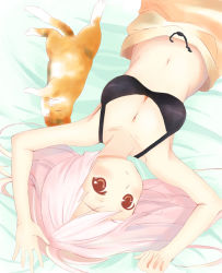 Rule 34 | artist request, bra, breasts, cat, cleavage, lingerie, long hair, lying, navel, open mouth, pink hair, red eyes, solo, underwear
