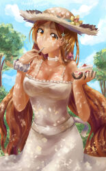 Rule 34 | 1girl, bare shoulders, bleach, blue sky, bow choker, breasts, brown eyes, brown hair, brown hat, cake, choker, cleavage, cloud, collarbone, dappled sunlight, dress, eating, food, happy birthday, hat, highres, holding, holding cake, holding food, inoue orihime, kusugu, large breasts, long hair, looking at viewer, parted bangs, scrunchie, sky, smile, solo, sun hat, sundress, sunlight, tree, utensil in mouth, white choker, white dress, white scrunchie, wrist scrunchie