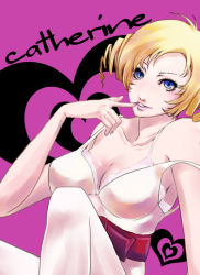 Rule 34 | 1girl, atlus, bad id, blonde hair, blue eyes, bra, breasts, catherine, catherine (game), cleavage, dress, drill hair, female focus, finger to mouth, long hair, red ribbon, ribbon, solo, tsukumo (turbo), twin drills, twintails, underwear, white bra