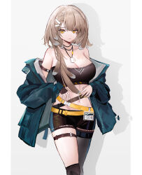 Rule 34 | 1girl, absurdres, arknights, arm strap, bandeau, bare shoulders, belt, black shorts, black thighhighs, blue jacket, breasts, brown hair, cleavage, commentary, dog tags, drop shadow, firewhistle (arknights), grey background, highres, id card, jacket, large breasts, long hair, long sleeves, looking at viewer, midriff, navel, off shoulder, open clothes, open jacket, pantyhose, pantyhose under shorts, short shorts, shorts, simple background, single leg pantyhose, solo, stomach, strapless, thighhighs, tube top, yellow belt, yellow eyes, yuanqi (chriu)