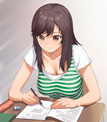 Rule 34 | 1girl, a1 (initial-g), blush, breasts, brown eyes, brown hair, cleavage, closed mouth, commentary request, green shirt, ichijou hotaru, large breasts, layered shirt, long hair, non non biyori, shirt, short sleeves, solo, striped clothes, striped shirt, swept bangs, t-shirt, tank top, writing