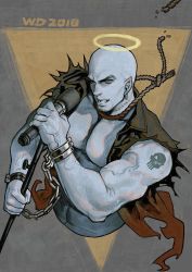 Rule 34 | 1boy, bald, bara, colored skin, cropped torso, cuffs, facial hair, goatee, grey skin, halo, handcuffs, highres, holding, holding microphone, jacket, large pectorals, male focus, microphone, muscular, muscular male, music, navel hair, open clothes, open jacket, original, pectoral cleavage, pectorals, pointy ears, rope, saolin (wudangx), short hair, shoulder tattoo, singing, skull tattoo, solo, suicide, symbolism, tattoo, torn clothes, torn jacket