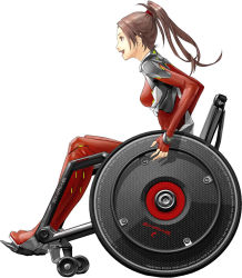 Rule 34 | 10s, 1girl, bodysuit, brown eyes, brown hair, english text, guilty crown, long hair, official art, open mouth, ponytail, profile, redjuice, shinomiya ayase, sitting, solo, wheelchair