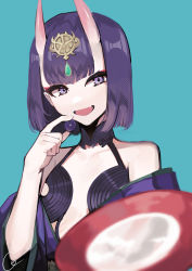 Rule 34 | 1girl, absurdres, alcohol, aqua background, bare shoulders, bob cut, breasts, collarbone, cup, eyeliner, fate/grand order, fate (series), food, fruit, grapes, headpiece, highres, horns, japanese clothes, kimono, long sleeves, looking at viewer, makeup, manase chiyu, off shoulder, oni, open mouth, purple eyes, purple hair, purple kimono, revealing clothes, sakazuki, sake, short hair, shuten douji (fate), skin-covered horns, small breasts, smile, solo, wide sleeves