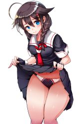 Rule 34 | 1girl, absurdres, akizuki shigure, black hair, blue eyes, blush, braid, breasts, brown hair, closed mouth, clothes lift, fingerless gloves, gloves, hair between eyes, hair flaps, hair ornament, hair over shoulder, hair ribbon, highres, kantai collection, lifting own clothes, long hair, looking at viewer, multicolored clothes, multicolored panties, neckerchief, open mouth, panties, pleated skirt, ribbon, school uniform, serafuku, sexually suggestive, shigure (kancolle), shigure kai ni (kancolle), simple background, single braid, skirt, skirt lift, small breasts, smile, solo, thighs, transparent background, underwear, white background