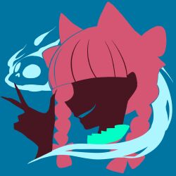 Rule 34 | 1girl, animal ears, blue background, braid, cat ears, cat girl, claws, frilled shirt collar, frills, ghost, hair ribbon, highres, kaenbyou rin, limited palette, long hair, maskin mei, minimalism, open mouth, red fur, red hair, red ribbon, ribbon, silhouette, simple background, skull, smile, touhou, twin braids