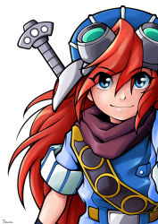 Rule 34 | 1boy, blue eyes, goggles, goggles on head, grandia, grandia i, hat, justin (grandia), long hair, male focus, red hair, scarf, shirt, signature, sleeves rolled up, smile, solo, timuri, white background