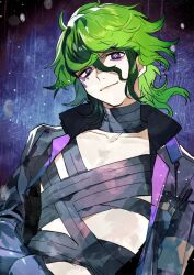 Rule 34 | 1boy, bandaged chest, bandaged neck, bandages, black jacket, closed mouth, commentary request, eye piercing, eyeliner, green hair, hair between eyes, jacket, kyouichi, long sleeves, looking at viewer, makeup, male focus, master detective archives: rain code, multicolored hair, open clothes, open jacket, purple eyes, short hair, smile, solo, streaked hair, symbol in eye, upper body, vivia twilight