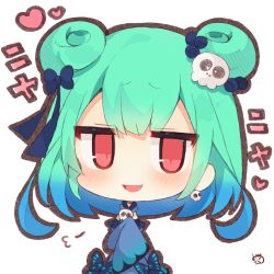 Rule 34 | 1girl, :d, blue bow, blue dress, blue hair, blush, bow, bug, butterfly, chibi, double bun, dress, gradient hair, green hair, hair bow, hair bun, hair ornament, heart, highres, hololive, insect, long hair, multicolored hair, muuran, open mouth, red eyes, signature, simple background, skull, skull hair ornament, smile, solo, translation request, uruha rushia, uruha rushia (1st costume), virtual youtuber, white background