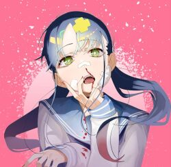 Rule 34 | 1girl, bandage on face, bandages, bandaid, bandaid on face, bandaid on nose, blood, blood on clothes, blue hair, commentary request, cross hair ornament, floating hair, green eyes, hair ornament, hand on own chin, head tilt, long hair, long sleeves, looking at viewer, low twintails, messy hair, natsuna ena, nosebleed, open mouth, parted bangs, pink background, portrait, r15+ ja dame desu ka?, school uniform, serafuku, sharp teeth, solo, teeth, twintails, two-tone background, uraya nagi
