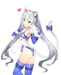 Rule 34 | 1girl, absurdres, animal ear fluff, animal ears, aqua eyes, ass, bad id, bad pixiv id, bikini, blue gloves, blue thighhighs, bow, breasts, cat ears, cat tail, cleavage, commission, elbow gloves, fang, female focus, finger to mouth, fingerless gloves, gloves, halterneck, heart, highres, long hair, looking at viewer, medium breasts, original, revealing clothes, silver hair, simple background, smile, solo, swimsuit, tail, tail bow, tail ornament, thighhighs, topu, twintails, very long hair, white background